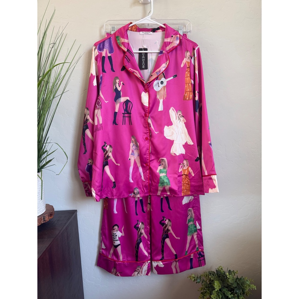 Sheshow Pink Eras Tour Inspired Satin Pajama Set Women Small Long Sleeve PJs